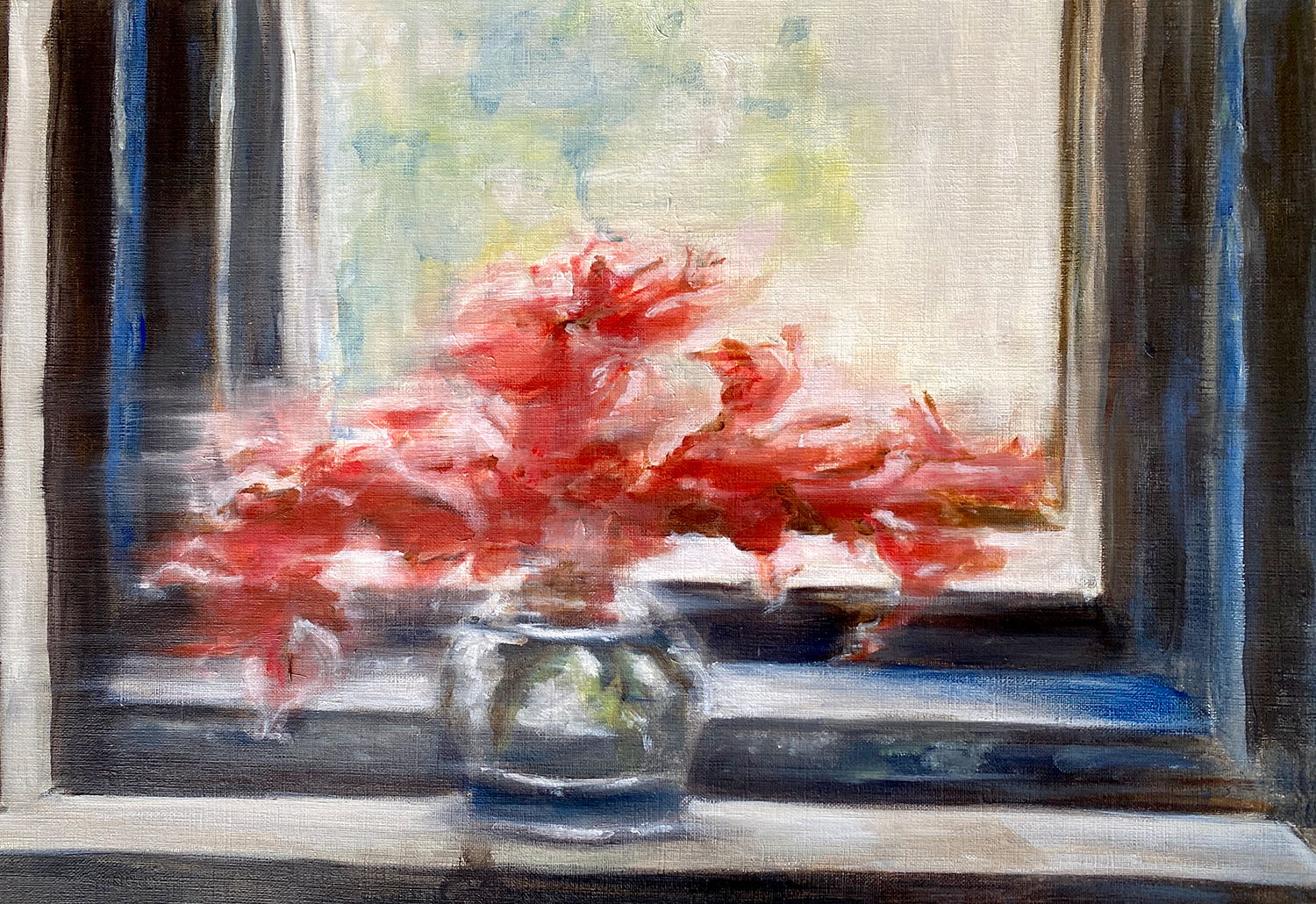 oil paintin window with vase and red flowers